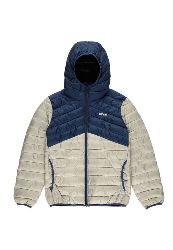 Kurtka Prosto Klasyk Ultralight KL222MOUT1075 - granatowo-beżowa. Typ kołnierza: kołnierzyk stójkowy. Kolor: beżowy, niebieski, wielokolorowy. Materiał: poliester, dresówka, guma. Wzór: aplikacja. Sezon: zima. Styl: klasyczny