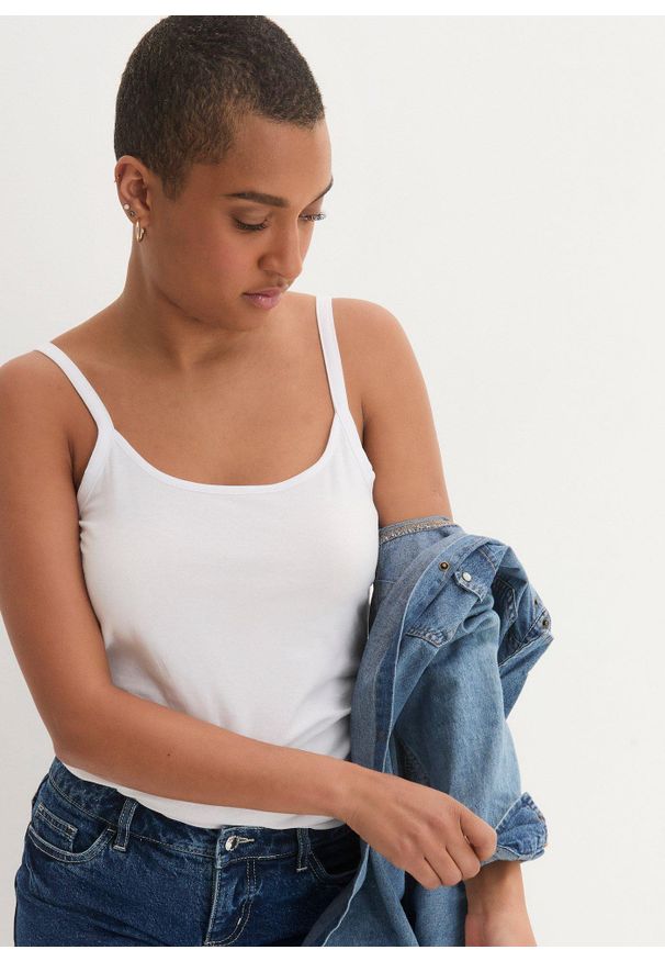 bonprix - Długi top bawełniany na cienkich ramiączkach z bawełny organicznej (2 szt.). Kolor: czarny, biały. Materiał: bawełna. Długość rękawa: na ramiączkach. Długość: długie