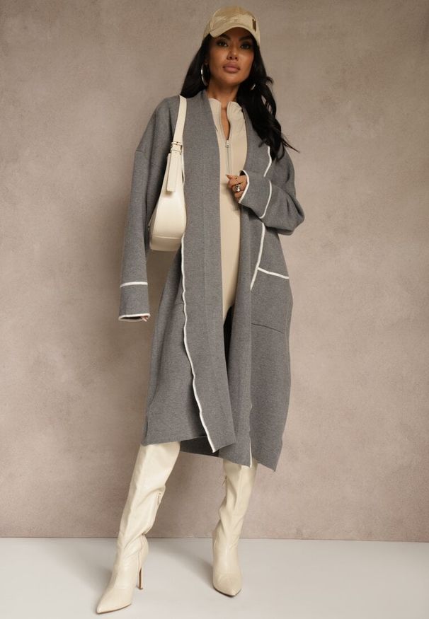 Renee - Szary Niezapinany Kardigan o Długim Kroju z Lamówką Venisse. Okazja: na co dzień. Kolor: szary. Materiał: jeans. Długość: długie. Styl: casual, klasyczny