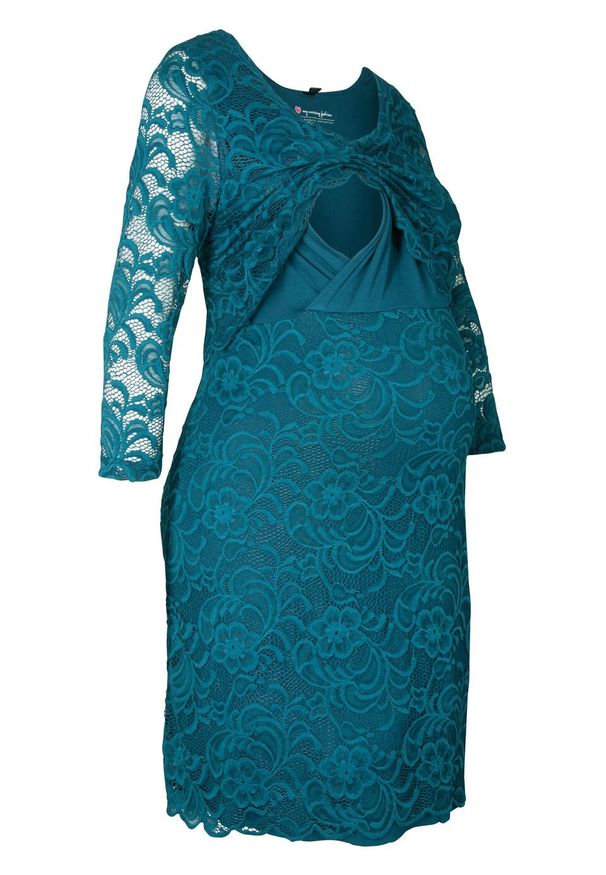 Sukienka koronkowa ciążowa i do karmienia piersią bonprix niebieskozielony. Kolekcja: moda ciążowa. Kolor: niebieski. Materiał: wiskoza, koronka, materiał, elastan, poliamid