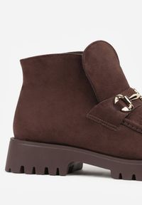 Born2be - Brązowe Botki w Stylu Mokasynów z Elegancką Aplikacją Elinney. Okazja: na co dzień. Kolor: brązowy. Materiał: jeans. Wzór: aplikacja. Styl: elegancki #3