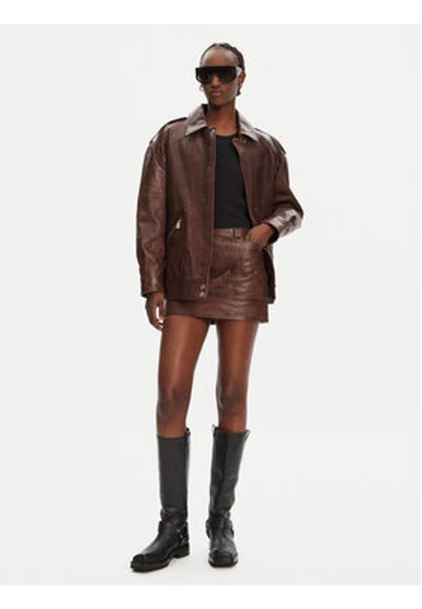 Pinko - PINKO Spódnica skórzana Geordie 104957 A2I1 Brązowy Slim Fit. Kolor: brązowy. Materiał: skóra