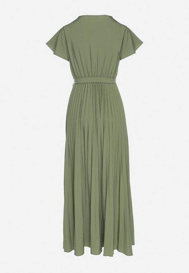 Born2be - Ciemnozielona Elegancka Sukienka Maxi w Plisy z Kopertowym Dekoltem i Wiązaniem Thessi. Kolor: zielony. Sezon: lato. Typ sukienki: kopertowe. Styl: elegancki. Długość: maxi