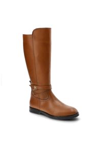 TOMMY HILFIGER - Brązowe Kozaki Damskie Tommy Hilfiger Eleganckie Skórzane Buty. Zapięcie: pasek. Kolor: brązowy. Materiał: skóra. Szerokość cholewki: normalna. Obcas: na obcasie. Styl: elegancki. Wysokość obcasa: niski