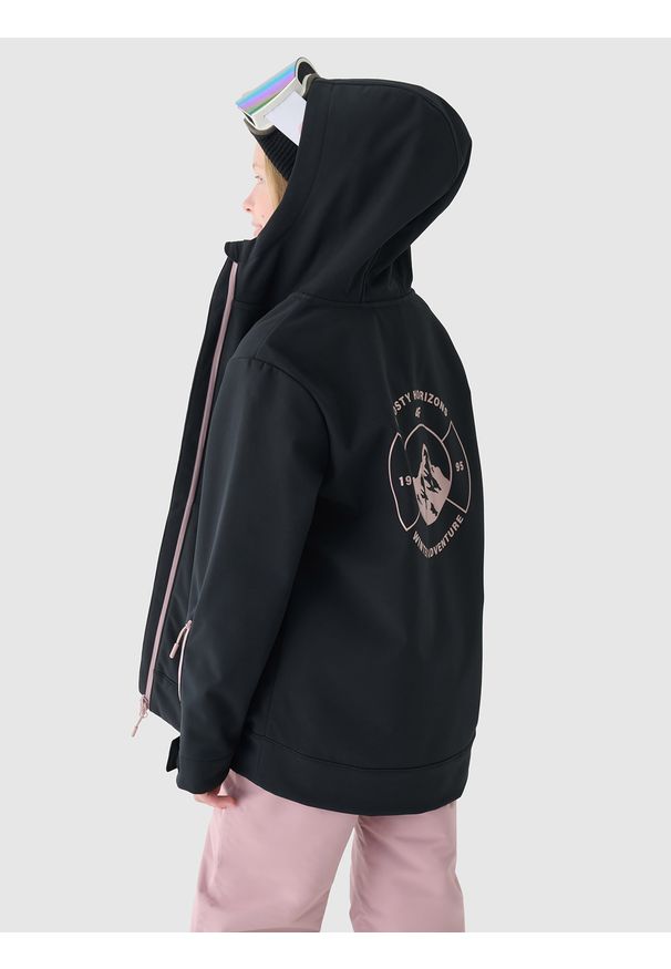 4f - Bluza snowboardowa z softshellu membrana 5000 dziewczęca - czarna. Typ kołnierza: kaptur. Kolor: czarny. Materiał: elastan, tkanina, materiał, dzianina, syntetyk. Wzór: jednolity. Sezon: zima, lato. Styl: sportowy