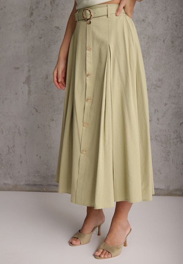 Renee - Zielona Rozkloszowana Spódnica z Kieszonkami i Paskiem z Klamrą Qualea. Okazja: na co dzień. Kolor: zielony. Materiał: materiał, bawełna, wiskoza. Styl: casual, elegancki