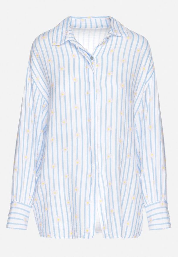 Born2be - Niebieska Bawełniana Koszula w Paski z Kwiatowym Zdobieniem Ameliora. Okazja: na co dzień. Typ kołnierza: kołnierzyk klasyczny. Kolor: niebieski. Materiał: bawełna. Długość rękawa: długi rękaw. Długość: długie. Wzór: kwiaty, aplikacja, paski. Styl: elegancki, casual, klasyczny