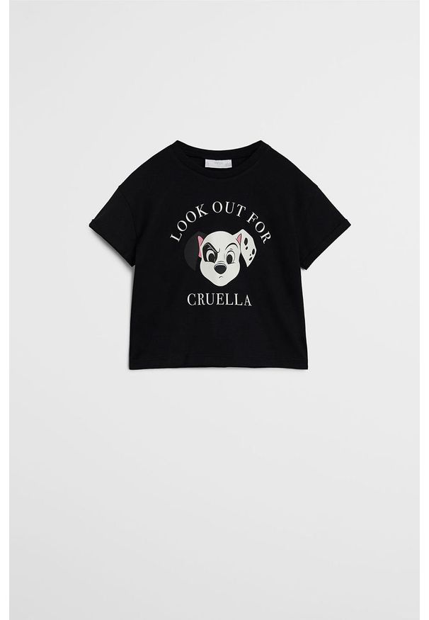 Mango Kids - T-shirt dziecięcy Cruella 80-104 cm. Okazja: na co dzień. Kolor: czarny. Materiał: bawełna, dzianina. Wzór: nadruk. Styl: casual