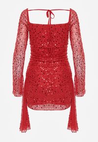 Born2be - Czerwona Cekinowa Sukienka VICES o Dopasowanym Kroju z Wiązaniem Adrasalphia. Kolor: czerwony. Styl: elegancki, klasyczny #3