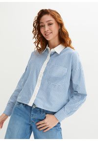 bonprix - Bluzka koszulowa z kontrastową plisą guzikową. Kolor: niebieski. Długość: krótkie