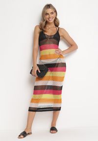 Born2be - Wielokolorowa Ażurowa Sukienka Narzutka na Ramiączkach Eyvi. Kolor: żółty. Materiał: tkanina. Długość rękawa: na ramiączkach. Wzór: ażurowy. Długość: midi #1