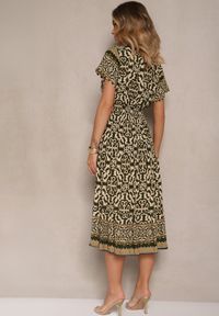 Renee - Zielono-Beżowa Sukienka z Bawełny Ozdobiona Ornamentnym Motywem Fillena. Kolor: zielony. Materiał: bawełna. Wzór: aplikacja #5