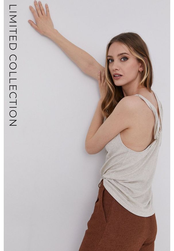 Answear Lab - answear.LAB X Paulina Krupińska Top z certyfikatem OEKO-TEX kolekcja limitowana Ethical Wardrobe. Kolor: beżowy. Materiał: jersey, dzianina, len, włókno. Długość rękawa: na ramiączkach. Styl: wakacyjny