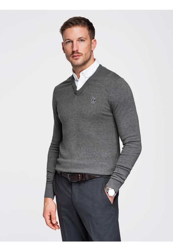 Ombre Clothing - Sweter męski z dekoltem "w serek" z koszulowym kołnierzykiem - grafitowy V3 - Rozmiar: S. Typ kołnierza: dekolt w serek, kołnierzyk koszulowy. Kolor: szary. Materiał: nylon, bawełna, materiał. Styl: klasyczny