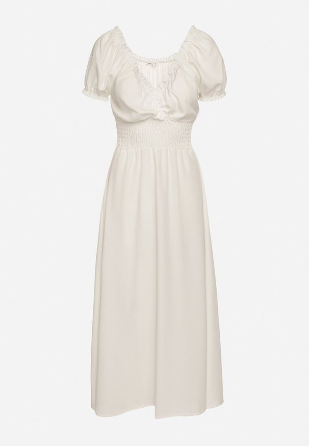 Born2be - Biała Sukienka Ozdobiona Bufkami Dolinossa. Okazja: na co dzień. Kolor: biały. Wzór: aplikacja. Sezon: lato. Styl: casual