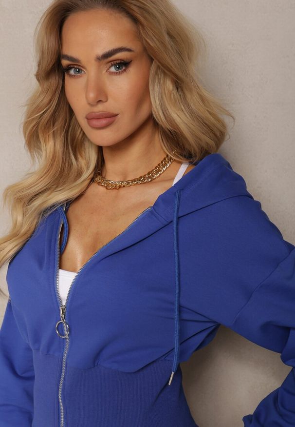 Renee - Granatowa Taliowana Bluza z Kapturem Zapinana na Zamek Błyskawiczny Vireapa. Typ kołnierza: kaptur. Kolor: niebieski. Styl: klasyczny