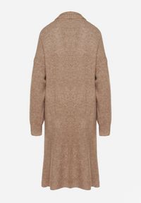 Born2be - Ciemnobeżowy Komplet Dzianinowy z Wełną Długi Kardigan i Sukienka w Prążki Falandrea. Kolor: beżowy. Materiał: dzianina, wełna. Wzór: prążki #5