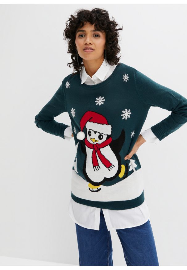 bonprix - Sweter z bożonarodzeniowym motywem. Kolor: zielony. Wzór: aplikacja