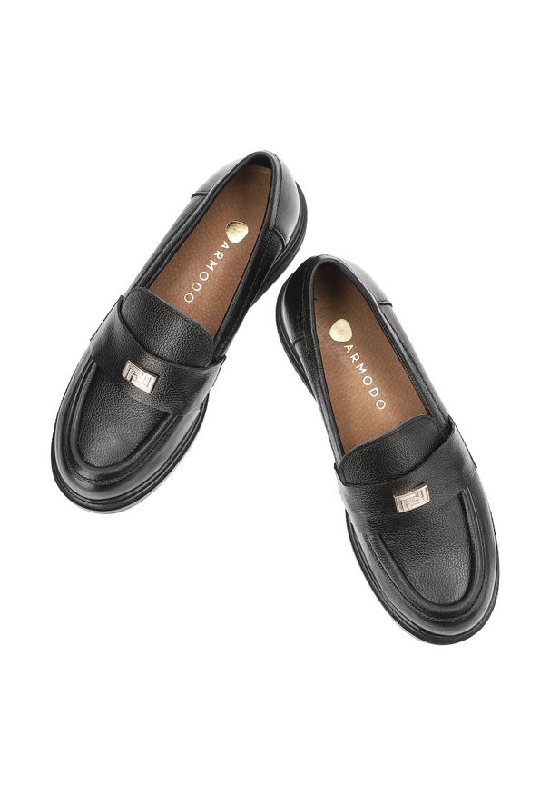 Czarne Mokasyny Armodo Eleganckie Obuwie Damskie. Okazja: do pracy, na co dzień. Zapięcie: klamry. Kolor: czarny. Materiał: skóra. Styl: elegancki