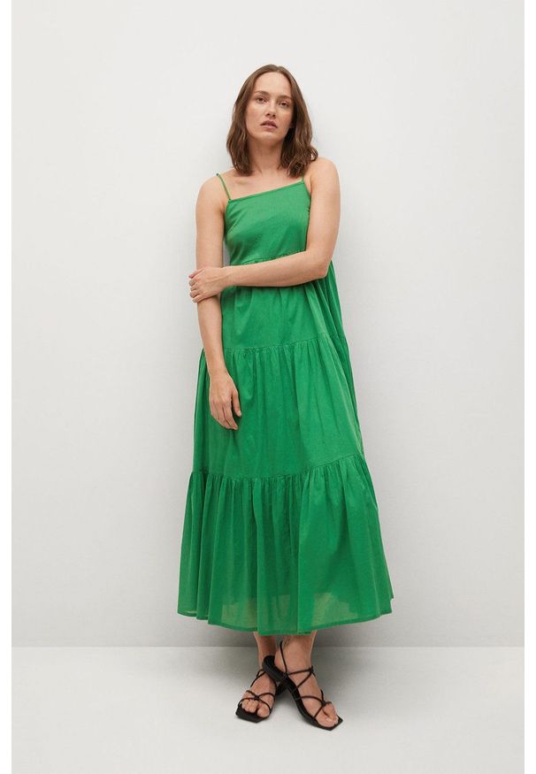 mango - Mango - Sukienka COTTON. Kolor: zielony. Materiał: bawełna, materiał. Długość rękawa: na ramiączkach. Typ sukienki: rozkloszowane. Długość: maxi