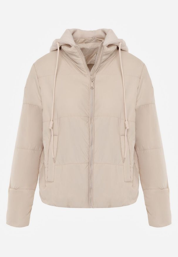 Renee - Ciemnobeżowa Pikowana Kurtka z Odpinanym Kapturem z Tkaniny Kaliran. Okazja: na spacer. Kolor: beżowy. Materiał: tkanina. Długość rękawa: długi rękaw. Długość: długie. Styl: elegancki, sportowy