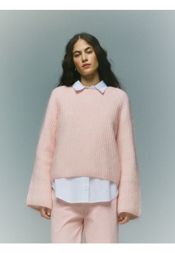 Reserved - Sweter z wełną i moherem - pastelowy róż. Kolor: różowy. Materiał: wełna, moher
