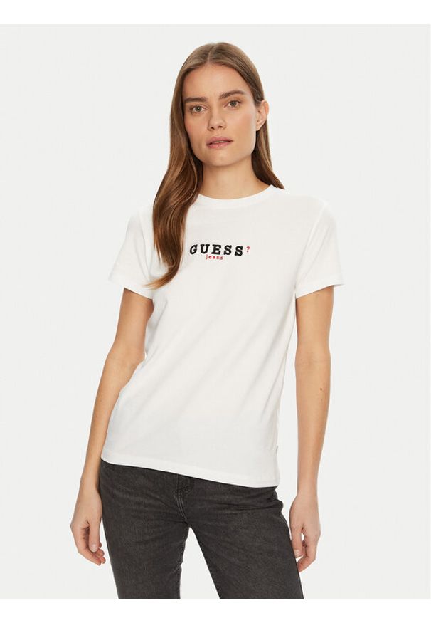 Guess Jeans T-Shirt W5RI54 J1314 Biały Regular Fit. Kolor: biały. Materiał: bawełna