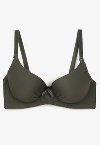 Renee - Zielony Casualowy Gładki Biustonosz z Ozdobną Kokardką i Regulowanymi Ramiączkami Kenssin. Kolor: zielony. Materiał: dzianina. Wzór: gładki