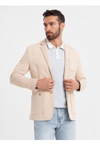 Ombre Clothing - Męska marynarka SLIM z dzianiny o subtelnej strukturze – beżowa V5 - Rozmiar: L. Okazja: do pracy. Kolor: beżowy. Materiał: dzianina. Wzór: kolorowy. Styl: klasyczny #8