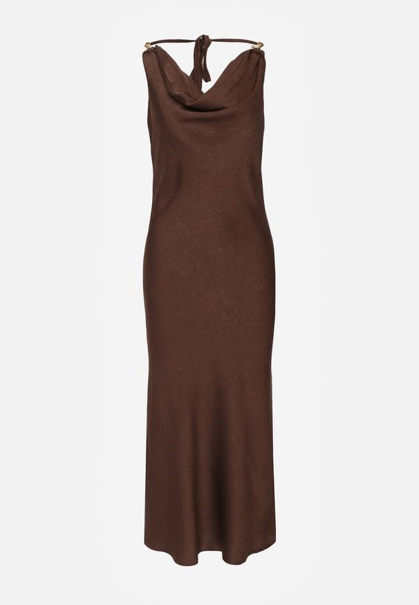 Renee - Brązowa Sukienka Slip Dress z Dekoltem Woda i Wiązaniem z Tyłu Atintina. Typ kołnierza: dekolt woda. Kolor: brązowy. Długość rękawa: na ramiączkach. Styl: elegancki