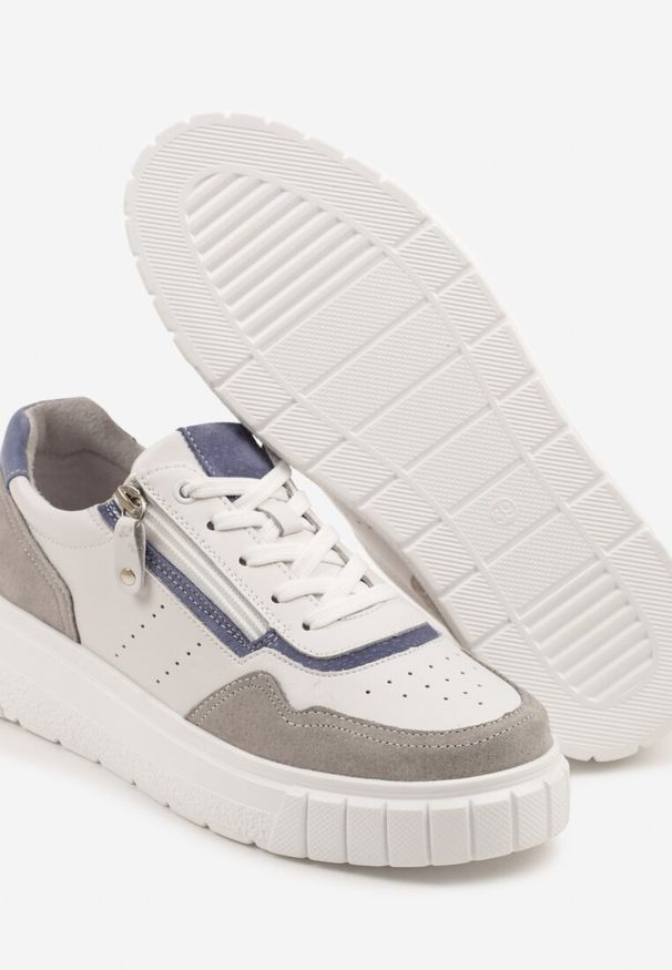 Renee - Białe Sneakersy z Naturalnej Skóry na Grubej Podeszwie z Suwakiem Soravelle. Okazja: na co dzień. Kolor: biały. Materiał: skóra