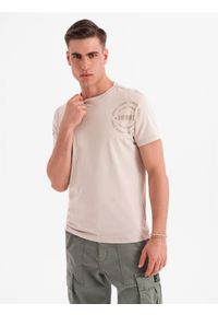 Ombre Clothing - Męska bawełniana koszulka z nadrukiem w militarnym stylu – beżowa V1 - Rozmiar: L. Okazja: na co dzień. Kolor: beżowy. Materiał: bawełna. Wzór: moro, nadruk. Styl: militarny #5
