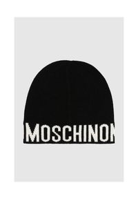 MOSCHINO Czarna czapka damska z białym logo. Kolor: czarny. Wzór: aplikacja