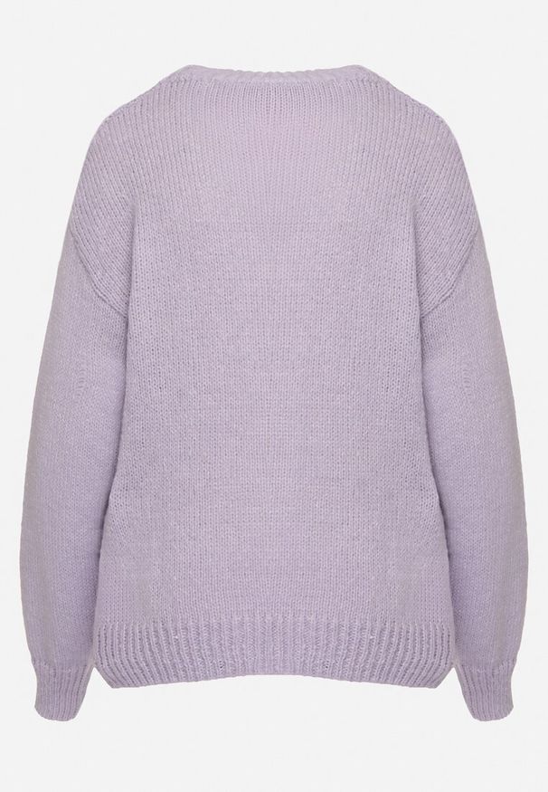 Born2be - Ciemnofioletowy Sweter z Wełną Ściągaczem i Tłoczeniem Riavonnae. Okazja: na co dzień. Kolor: fioletowy. Materiał: wełna. Styl: wizytowy, klasyczny, casual, elegancki