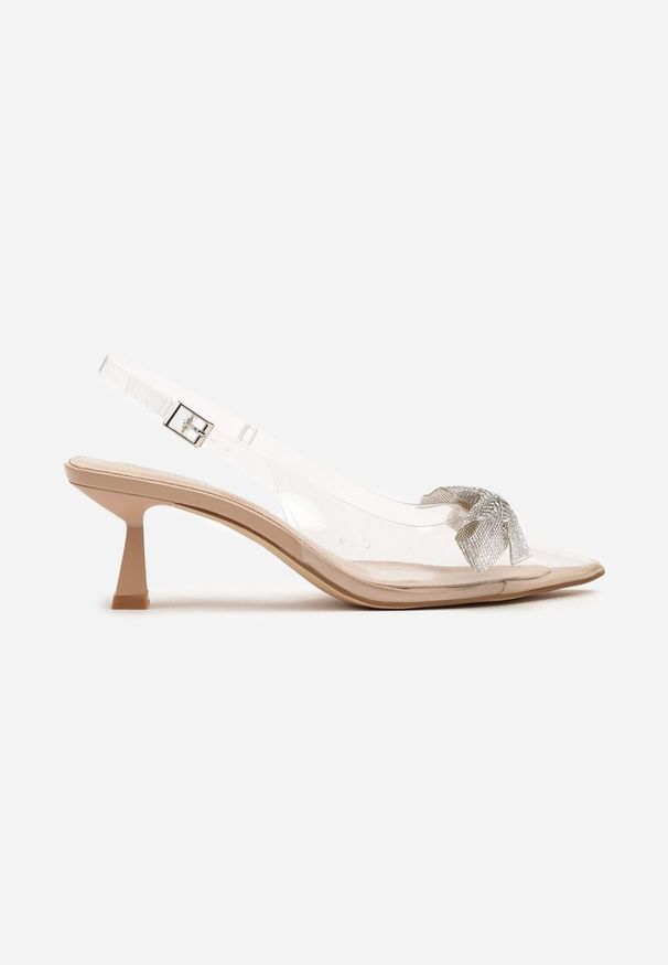 Renee - Beżowe Transparentne Sandały na Kaczuszce Slingback z Cyrkonii i Kokardą Banolia. Zapięcie: sprzączka. Kolor: beżowy. Obcas: na szpilce. Styl: wizytowy. Wysokość obcasa: średni