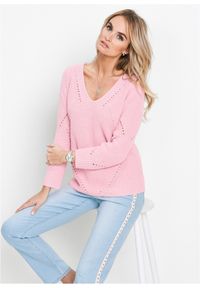 bonprix - Sweter z efektownym dekoltem. Kolor: różowy. Materiał: dzianina, bawełna. Wzór: ażurowy. Styl: elegancki