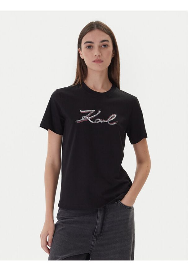Karl Lagerfeld - KARL LAGERFELD T-Shirt A4W17052 Czarny Regular Fit. Typ kołnierza: dekolt w karo. Kolor: czarny. Materiał: bawełna