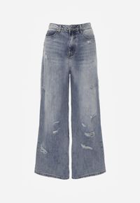 Born2be - Niebieskie Bawełniane Jeansy Typu Palazzo Ozdobione Przetarciami i Dziurami Erivaine. Okazja: na co dzień. Stan: podwyższony. Kolor: niebieski. Wzór: aplikacja. Styl: casual, elegancki #6