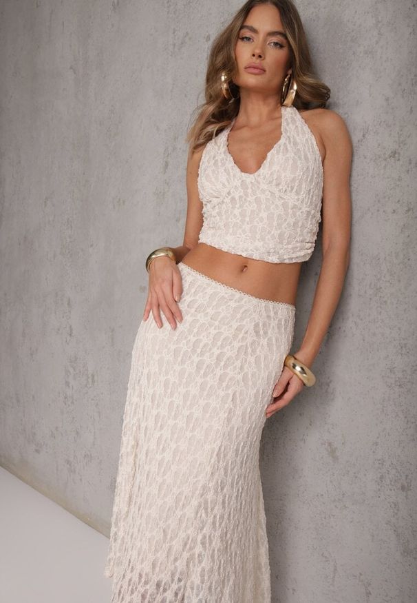 Renee - Beżowy Komplet z Koronki Spódnica i Top z Wiązaniem na Szyi Dainetia. Kolor: beżowy. Materiał: koronka. Wzór: koronka