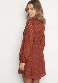 Born2be - Brązowa Rozkloszowana Sukienka z Tkaniny Plumeti z Dekoltem w Serek Zeniasa. Okazja: na co dzień. Typ kołnierza: dekolt w serek. Kolor: brązowy. Materiał: tkanina. Długość rękawa: długi rękaw. Styl: casual #5