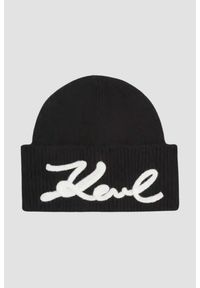 Karl Lagerfeld - KARL LAGERFELD Czarna czapka damska z domieszką wełny. Kolor: czarny. Materiał: wełna. Wzór: aplikacja, haft. Styl: casual, elegancki #1