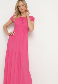 Born2be - Różowa Wiskozowa Sukienka Hiszpanka z Marszczoną Górą Jenanira. Okazja: na co dzień. Typ kołnierza: dekolt hiszpanka. Kolor: różowy. Materiał: wiskoza. Styl: casual, klasyczny #3
