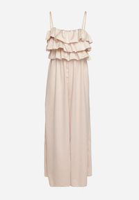 Born2be - Beżowy Kombinezon Koktajlowy na Regulowanych Ramiączkach z Falbankami i Gumką w Pasie Tesvia. Okazja: na co dzień. Kolor: beżowy. Długość rękawa: na ramiączkach. Styl: wizytowy #6