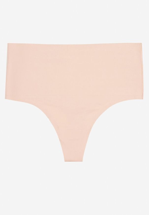 Renee - Jasnoróżowe Majtki Bezszwowe Typu Stringi z Wysokim Stanem Wykończone Szeroką Gumką w Talii Yulubia. Stan: podwyższony. Kolor: różowy. Materiał: jeans. Wzór: gładki