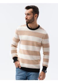 Ombre Clothing - Sweter męski w paski E189 - beżowy - XXL. Kolor: beżowy. Materiał: bawełna, dzianina. Wzór: paski. Styl: klasyczny #4