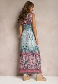 Renee - Niebiesko-Różowa Sukienka z Mozaikowym Wzorem Boho Gumką w Pasie i Sznurkami na Ramionach Ainervea. Kolor: niebieski. Materiał: tkanina. Sezon: lato. Styl: boho