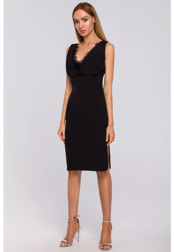 Sukienki.shop - Sukienka elegancka wieczorowa z lejącej tkaniny z koronką. Okazja: na imprezę, na randkę. Materiał: koronka, tkanina. Wzór: koronka. Styl: wizytowy, elegancki