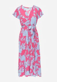 Renee - Różowo-Niebieska Kopertowa Plisowana Sukienka Koktajlowa z Gumką i Paskiem w Talii Benelsea. Typ kołnierza: dekolt w kształcie V. Kolor: różowy. Materiał: materiał. Typ sukienki: kopertowe. Styl: wizytowy #7