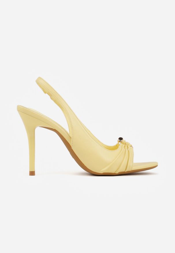 Born2be - Żółte Sandały VICES na Szpilce Ozdobione Marszczeniem i Aplikacją Elinaris. Okazja: do pracy, na co dzień. Kolor: żółty. Wzór: aplikacja. Obcas: na szpilce. Styl: elegancki, casual, wizytowy