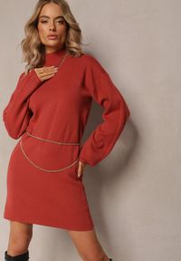 Renee - Czerwona Sukienka Mini Sweterkowa z Luźnymi Rękawami Falis. Kolor: czerwony. Materiał: dzianina. Styl: elegancki. Długość: mini
